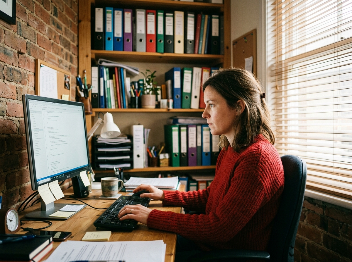 A woman concentrating on her computer in a brick-walled office