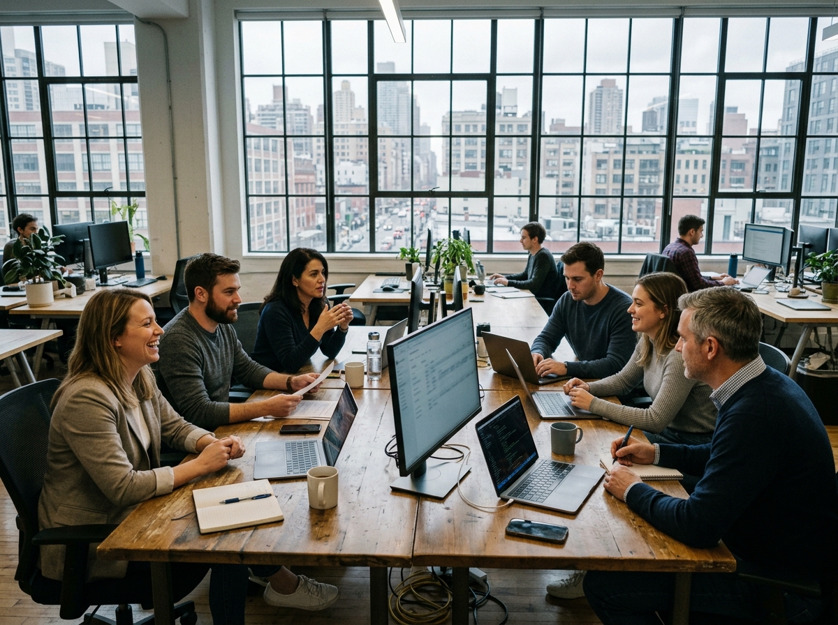 A team working together at a long table in a modern office